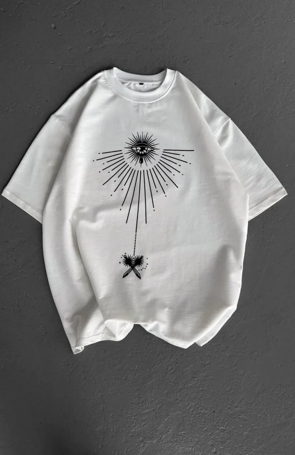 Unisex Bisiklet Yaka Baskılı Oversize T-Shirt - Beyaz