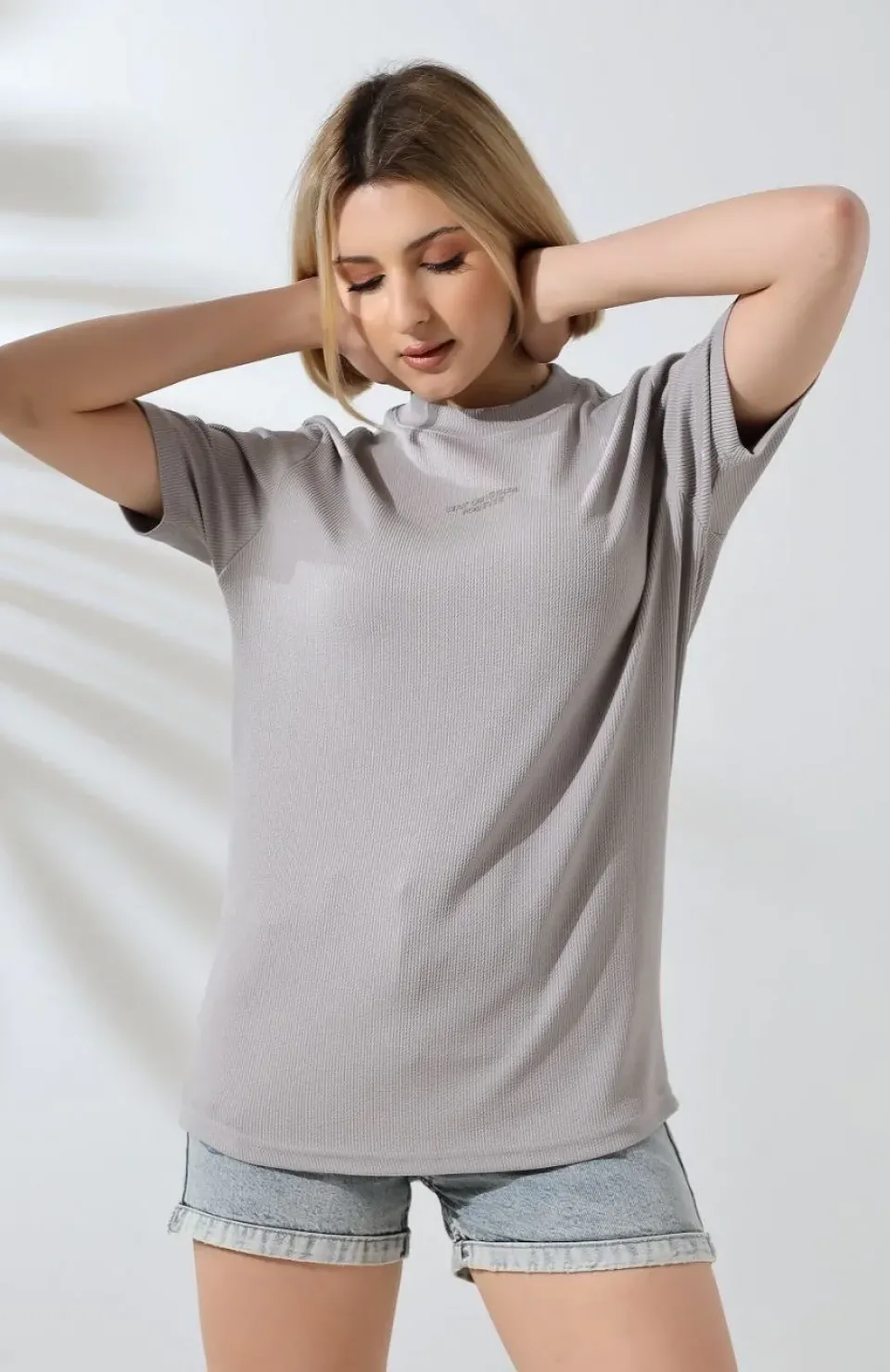 Unisex Bisiklet Yaka Baskılı Slim Fit T-Shirt - Boyalı Gri