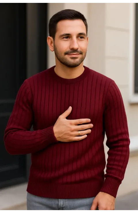 Erkek Bisiklet Yuvarlak Yaka Triko Kazak Pamuklu Kalın Fitilli Dokuma, Regular Fit Uzun Kollu Kışlık Model - Bordo