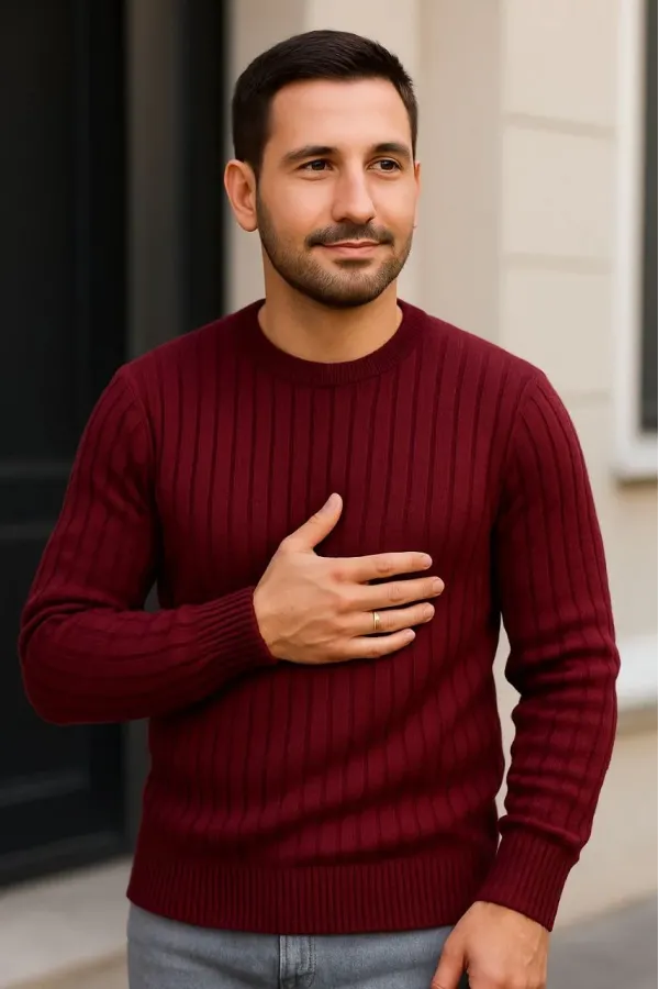 Erkek Bisiklet Yuvarlak Yaka Triko Kazak Pamuklu Kalın Fitilli Dokuma, Regular Fit Uzun Kollu Kışlık Model - Bordo