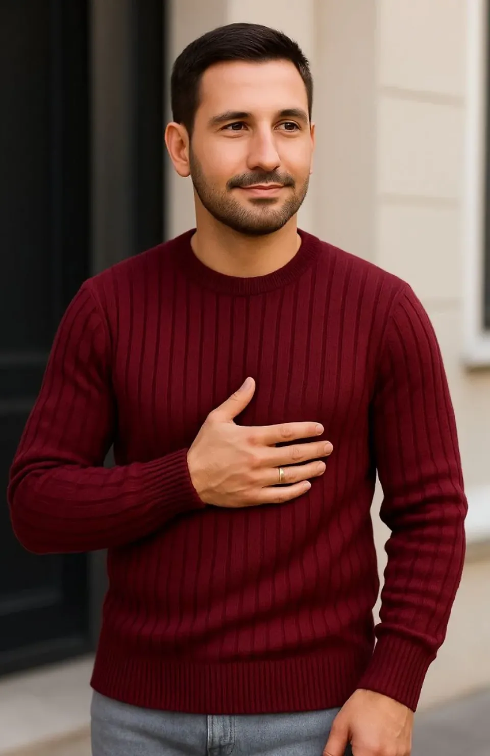 Erkek Bisiklet Yuvarlak Yaka Triko Kazak Pamuklu Kalın Fitilli Dokuma, Regular Fit Uzun Kollu Kışlık Model - Bordo