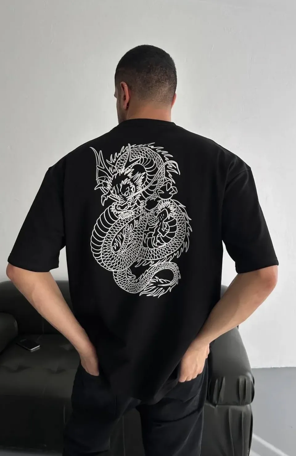 Baskılı Oversize Bisiklet Yaka T-shirt - Siyah