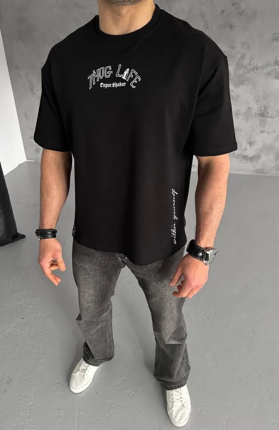 Unisex Baskılı Oversize T-Shirt - Siyah