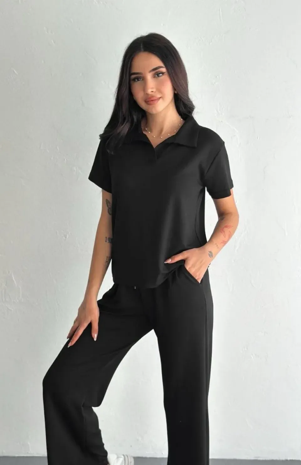 Osy Modal Yumuşak Dokulu Kumaş Kısa Kollu Yakalı T-shirt Pantalon ikili Takım- Siyah