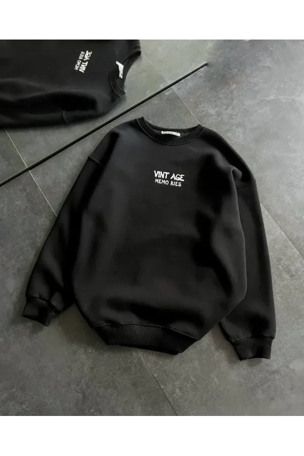 Bisiklet Yaka Üç İplik Baskılı Oversize SweatShirt - Siyah