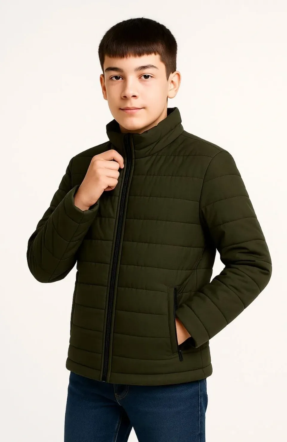 Erkek Çocuk Şişme Mont Hafif ve Sıcak Tutucu Kışlık Fermuarlı Su İtici Rahat Günlük Mont Kapüşonuz Modern Tasarım- Haki Somersan Giyim | Kadın, Erkek ve Çocuk Moda