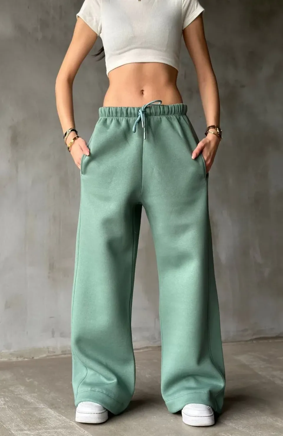 Palazzo Bol Paça Eşofman Pantolon - Yeşil