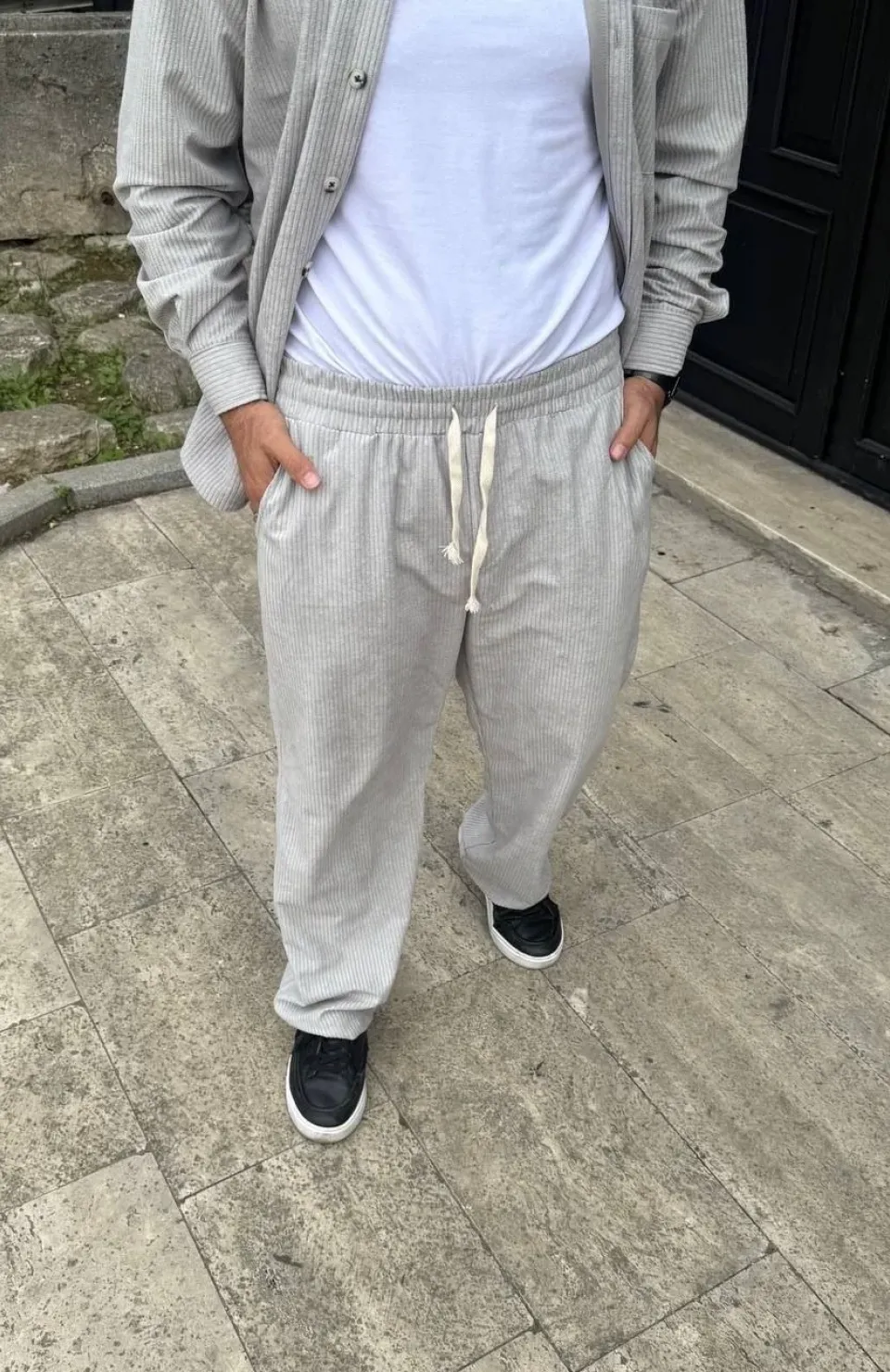 Erkek Fitilli Kadife Cepli Buggy Pantolon Oversize Rahat Kalıp - Gri