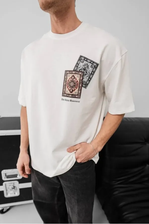 Erkek Baskılı Oversize T-shirt - Beyaz