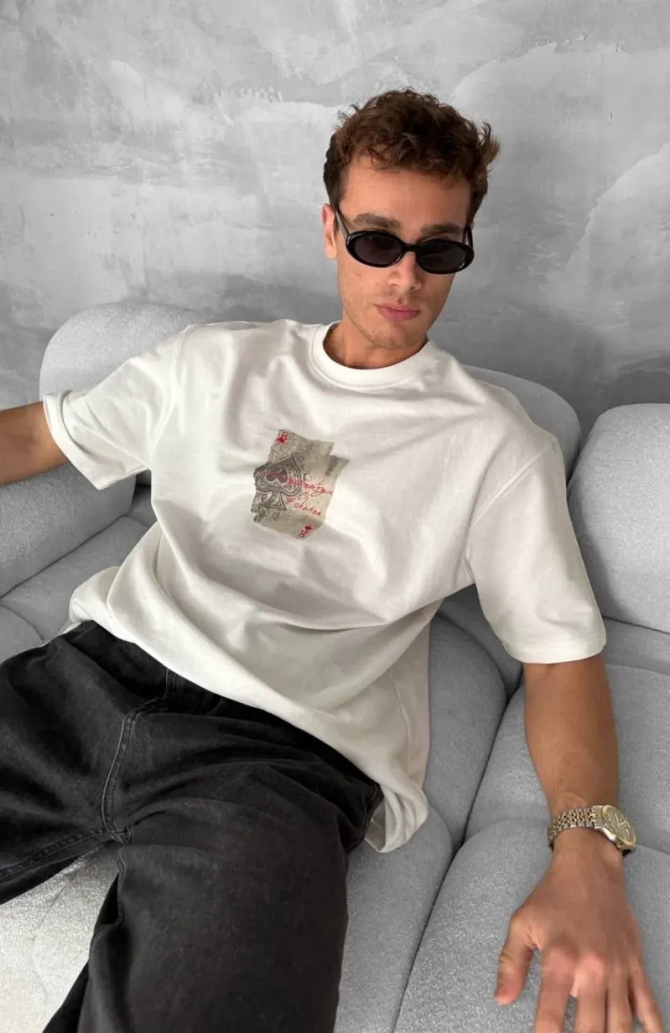 Ön ve Arka Baskılı Oversize Bisiklet Yaka T-shirt - Beyaz