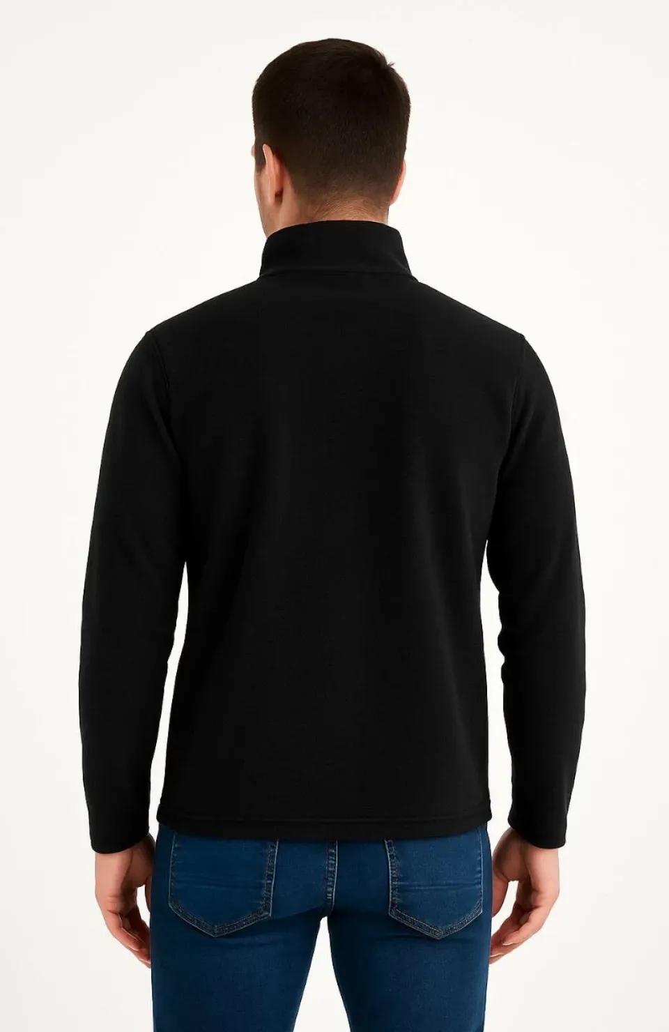 Erkek Polar Kazak – Dik Yaka, Yarım Fermuarlı, Fermuarlı Göğüs Cepli, Siyah Biyeli, Kışlık Rahat Regular Fit Günlük Model - Siyah