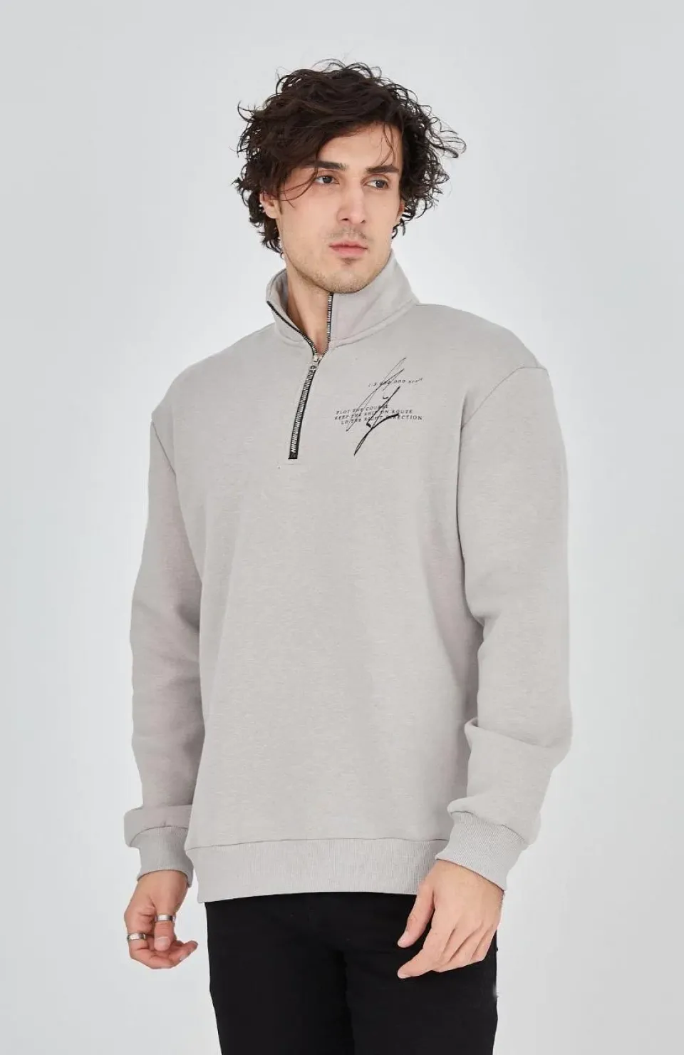 Erkek Yarım Fermuarlı Baskılı Sweat - Boyalı Gri