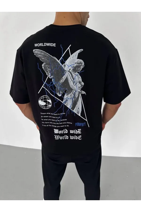 Unisex Bisiklet Yaka Baskılı Oversize T-Shirt - Siyah