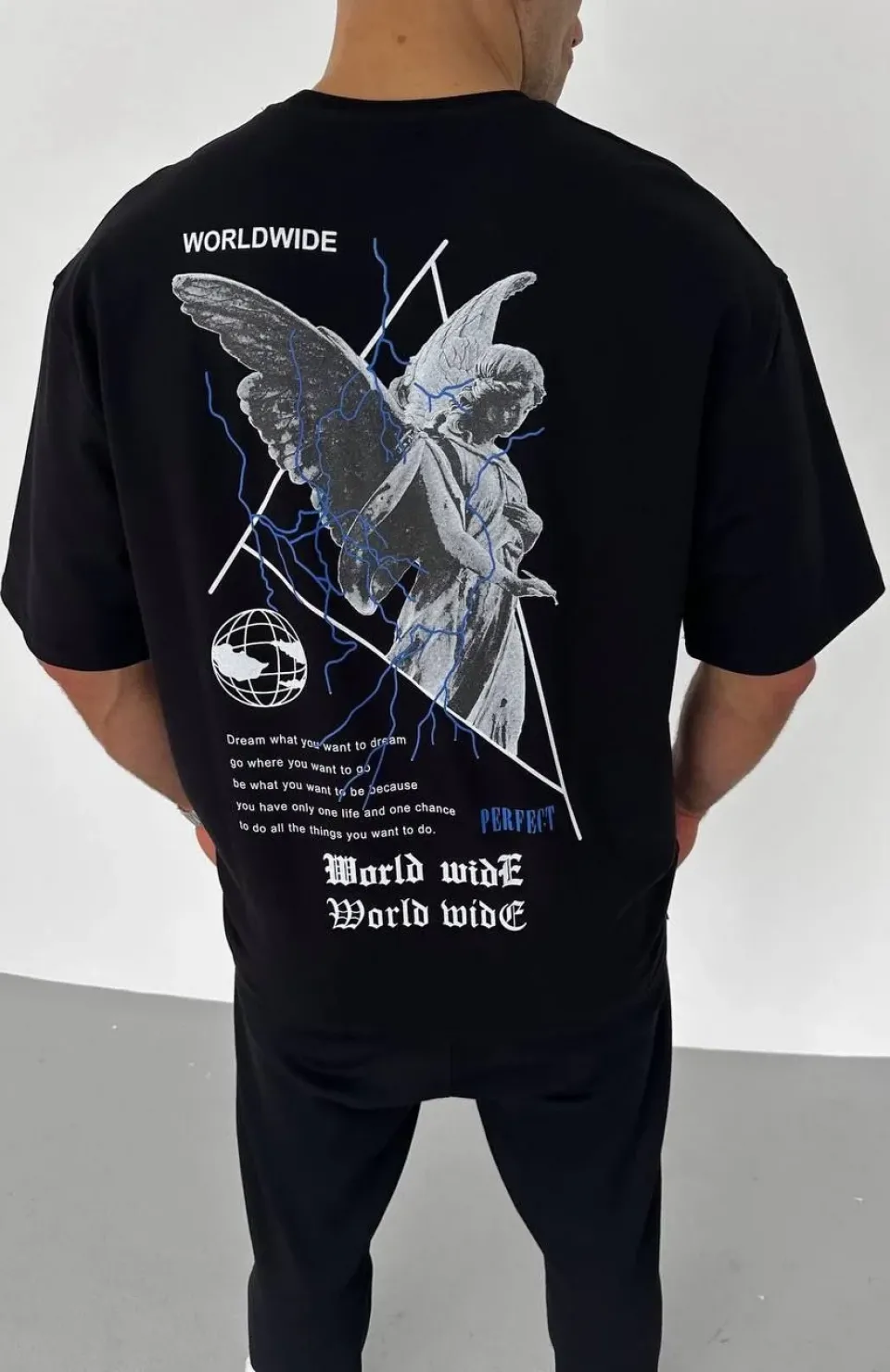 Unisex Bisiklet Yaka Baskılı Oversize T-Shirt - Siyah