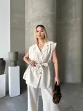 Keten Sıfır Kol Kuşaklı Ceket Pantolon ikili Takım - Beyaz