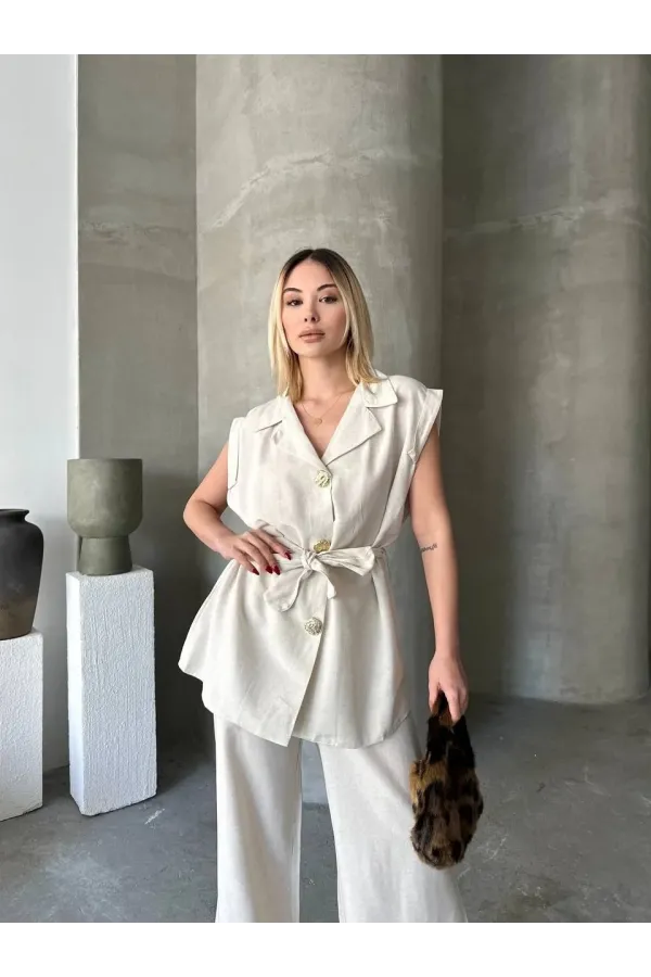 Keten Sıfır Kol Kuşaklı Ceket Pantolon ikili Takım - Beyaz