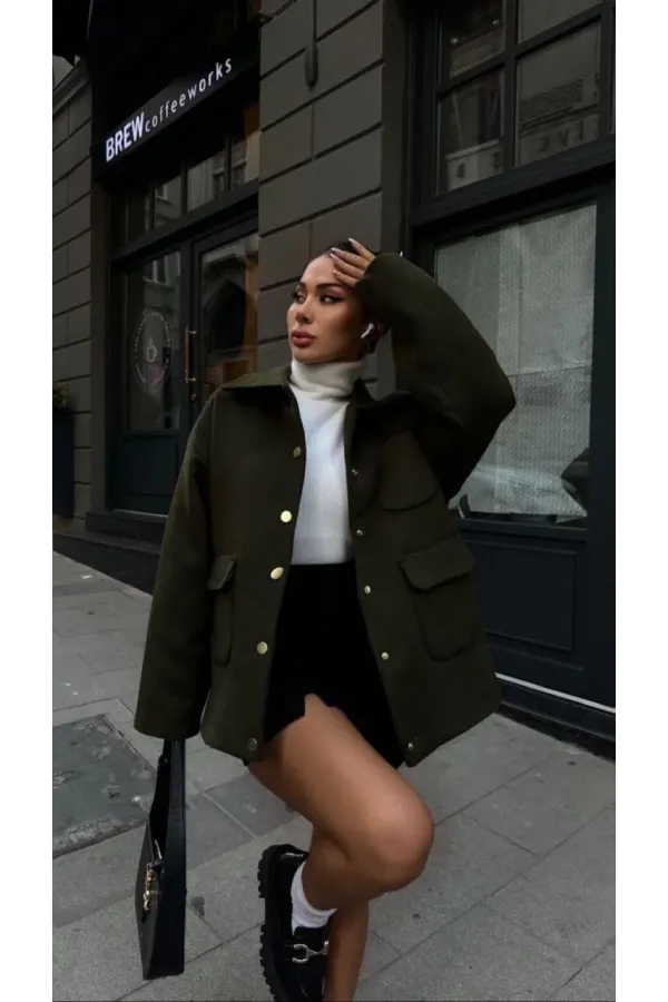 Kaşe Kaşmir kumaş cep ve çıt çıt düğme detay Bleazer pinterest ceket mont - Haki