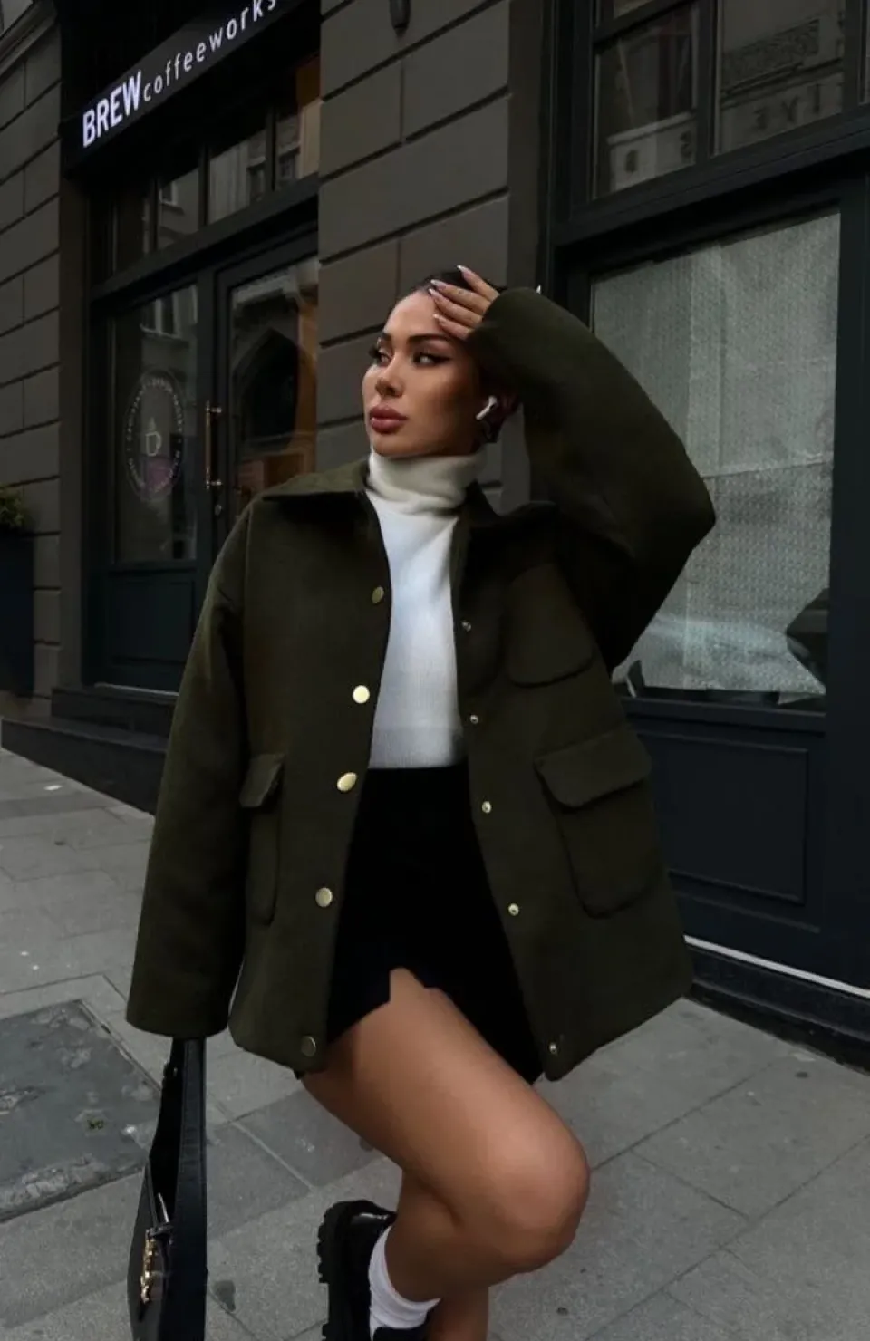 Kaşe Kaşmir kumaş cep ve çıt çıt düğme detay Bleazer pinterest ceket mont - Haki