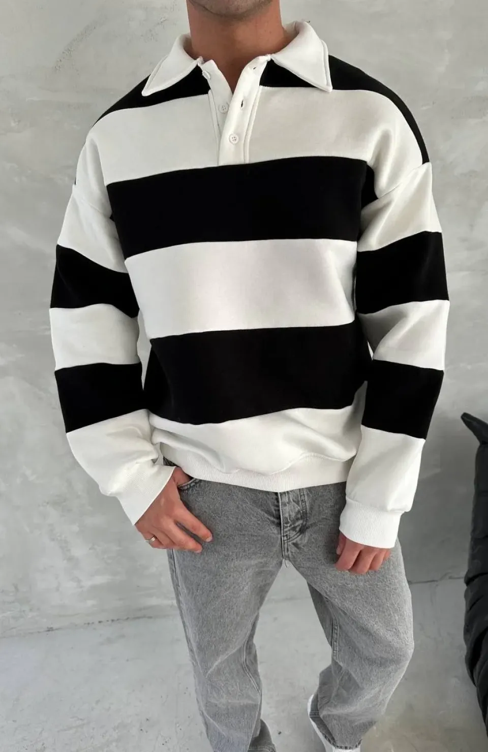 Unisex Üç İplik Parçalı Yakalı SweatShirt - Siyah