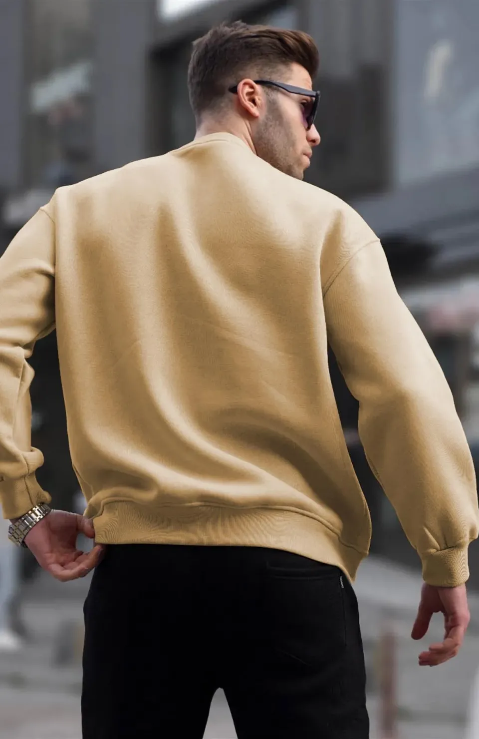 Erkek Düz Bisiklet Yaka Sweat - Bej