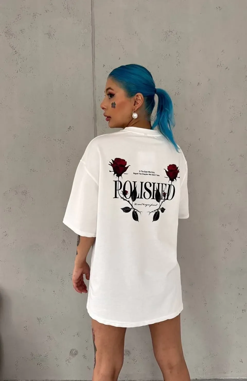 Unisex Bisiklet Yaka Baskılı Oversize T-Shirt - Beyaz