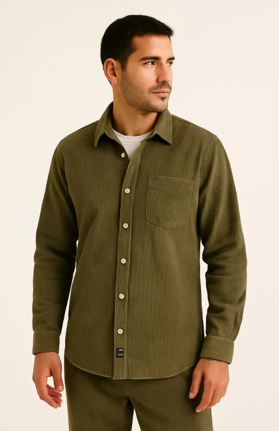Erkek Fitilli Kadife Cepli Gömlek Oversize Rahat Kalıp - Haki
