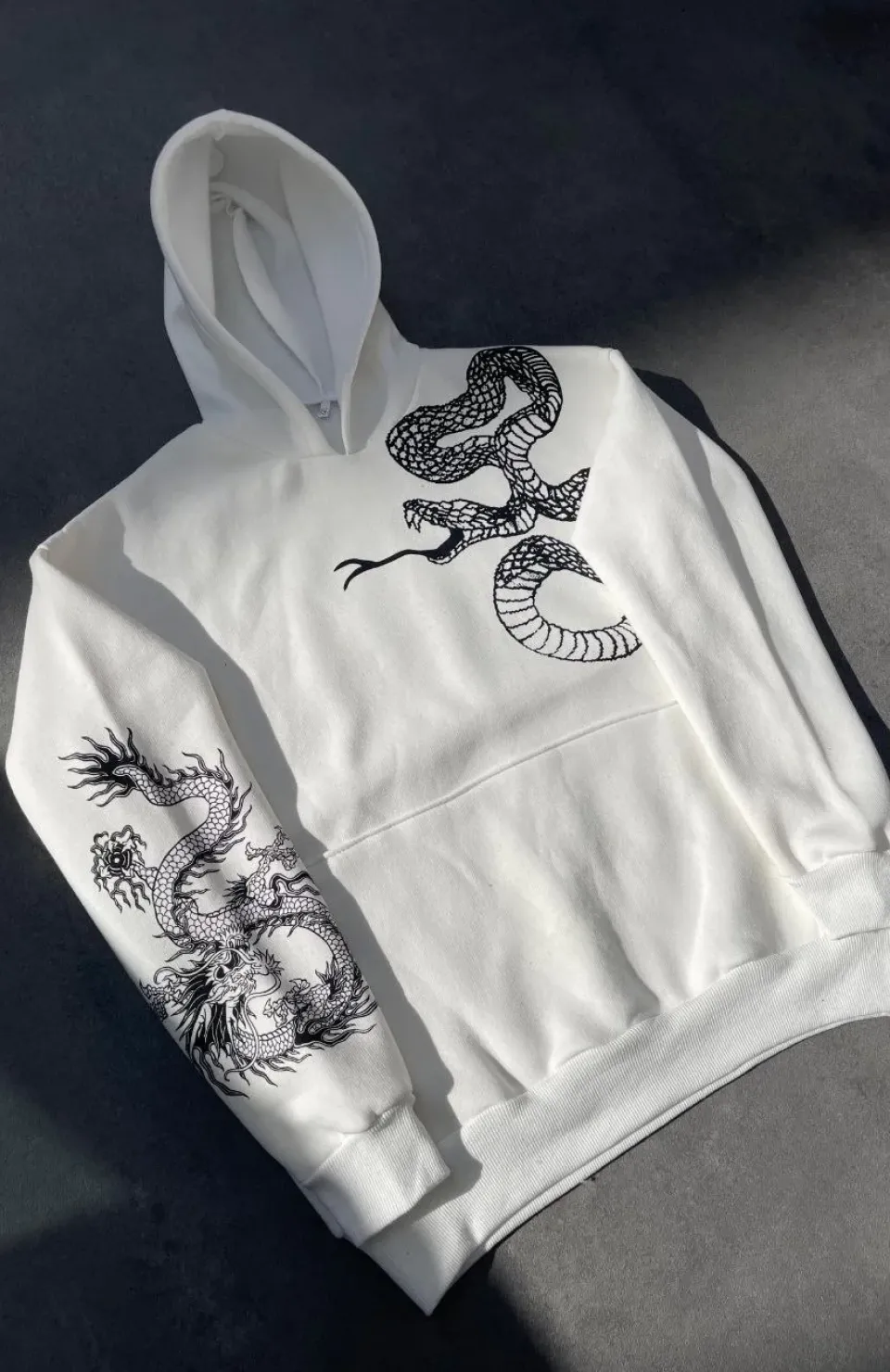 Uzun Kol Kapüşonlu Baskılı SweatShirt - Beyaz