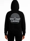 Kadın Kapşonlu Sweatshirt – Oversize Üç İplik Şardonlu Hoodie, “West Coast Classics” Ön & Arka Baskılı, Kanguru Cepli Kışlık Günlük Stil - Siyah