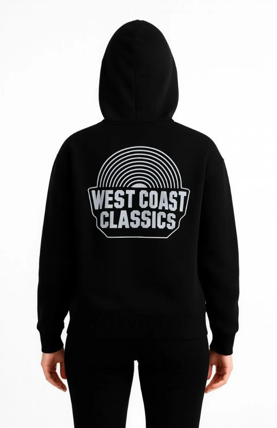 Kadın Kapşonlu Sweatshirt – Oversize Üç İplik Şardonlu Hoodie, “West Coast Classics” Ön & Arka Baskılı, Kanguru Cepli Kışlık Günlük Stil - Siyah