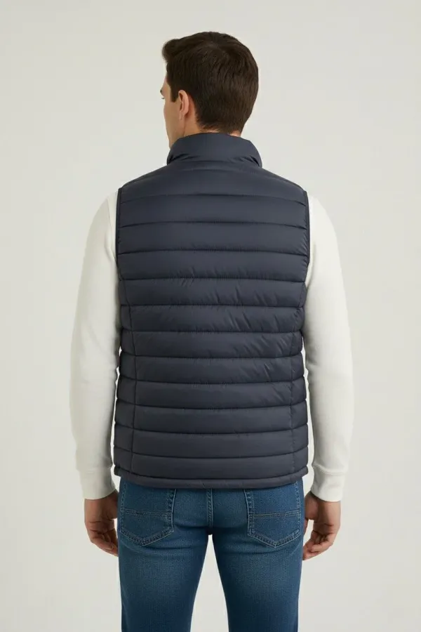 Erkek Şişme Fermuarlı Yelek Su itici Kapitone Astarlı Kumaş Cepli Hafif Kışlık Spor Rahat Kalıp - Lacivert