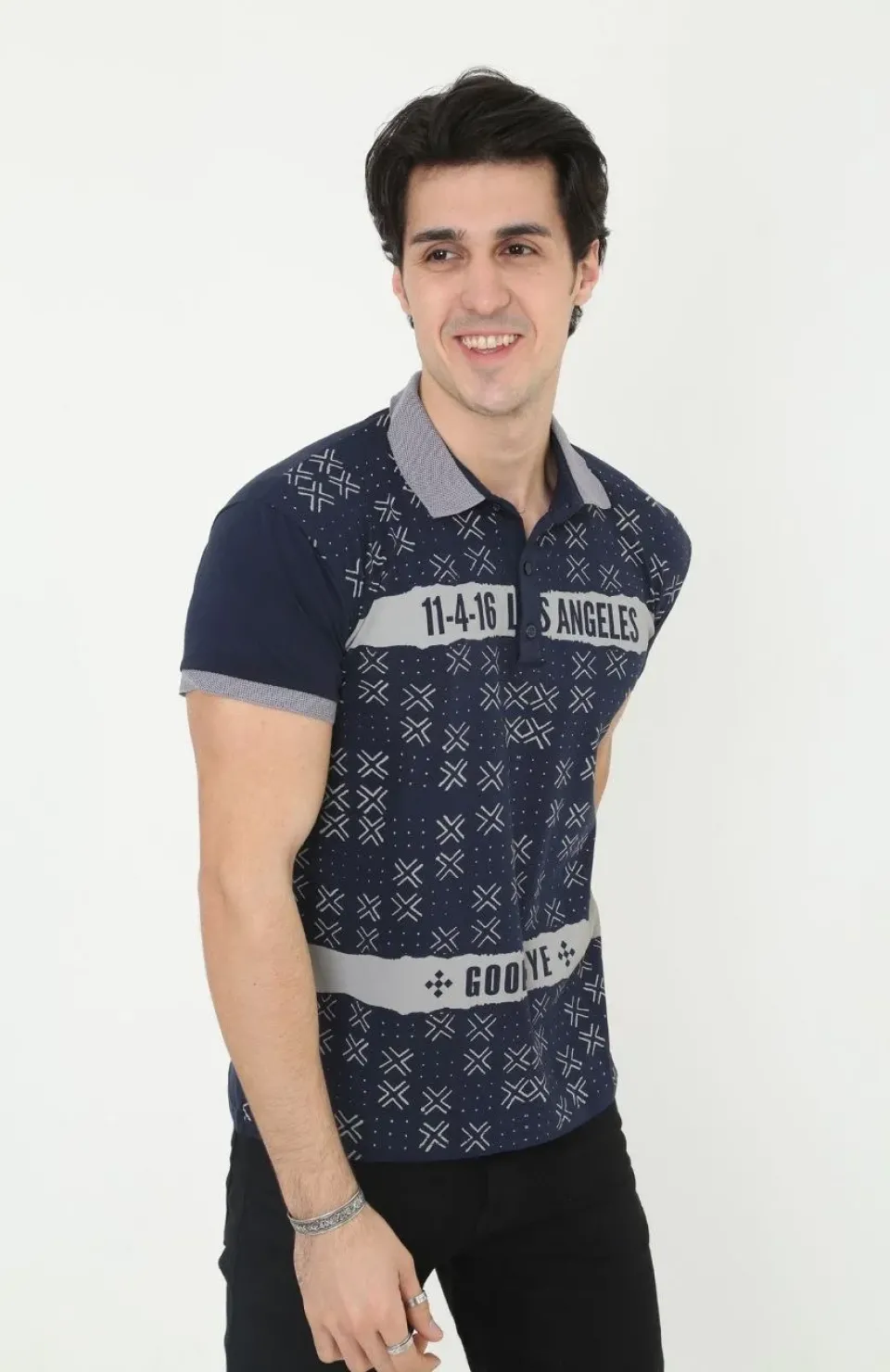 Erkek Yakalı Slim Fit Baskılı T-Shirt - Lacivert