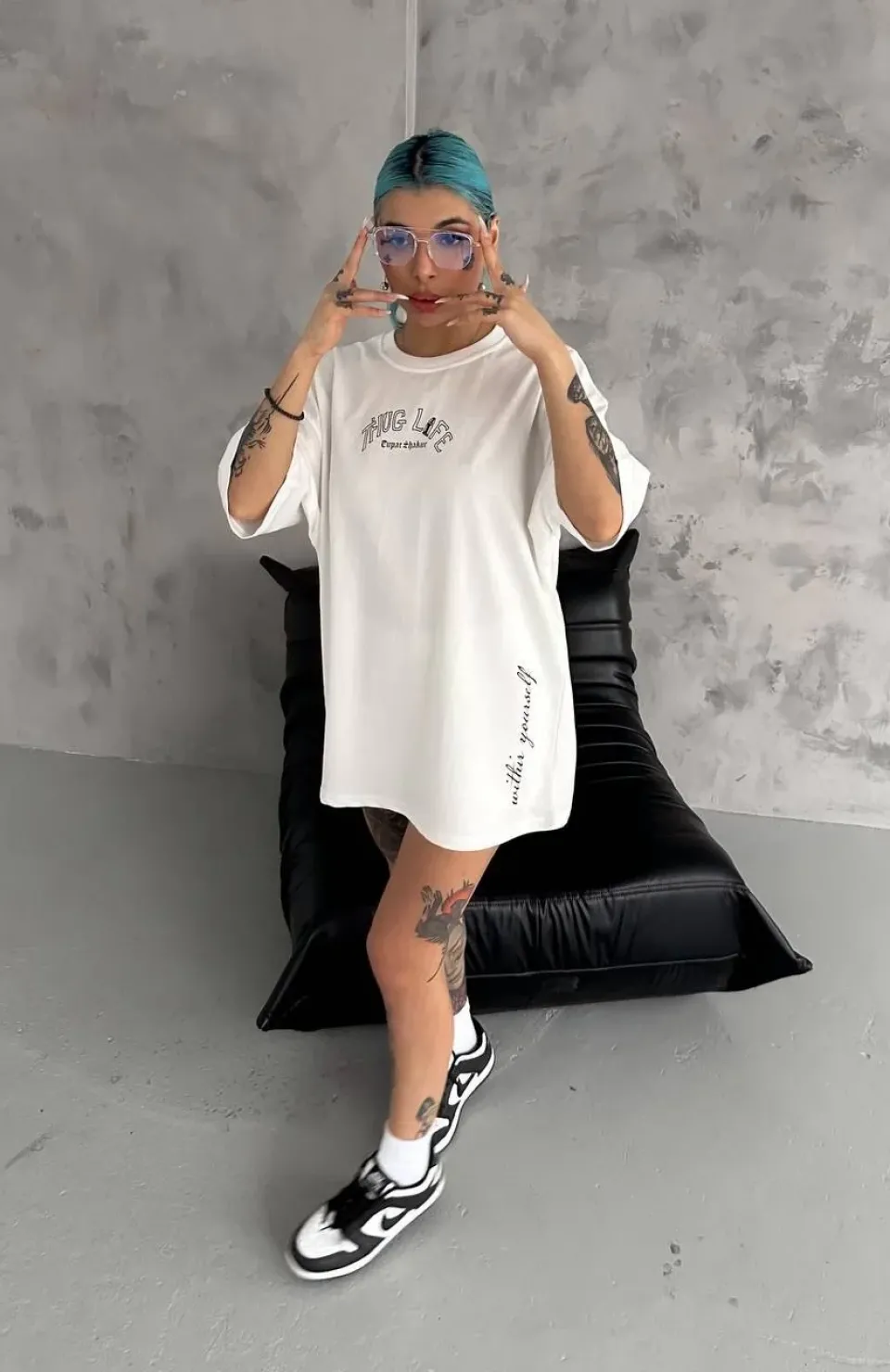 Unisex Baskılı Oversize T-Shirt - Beyaz