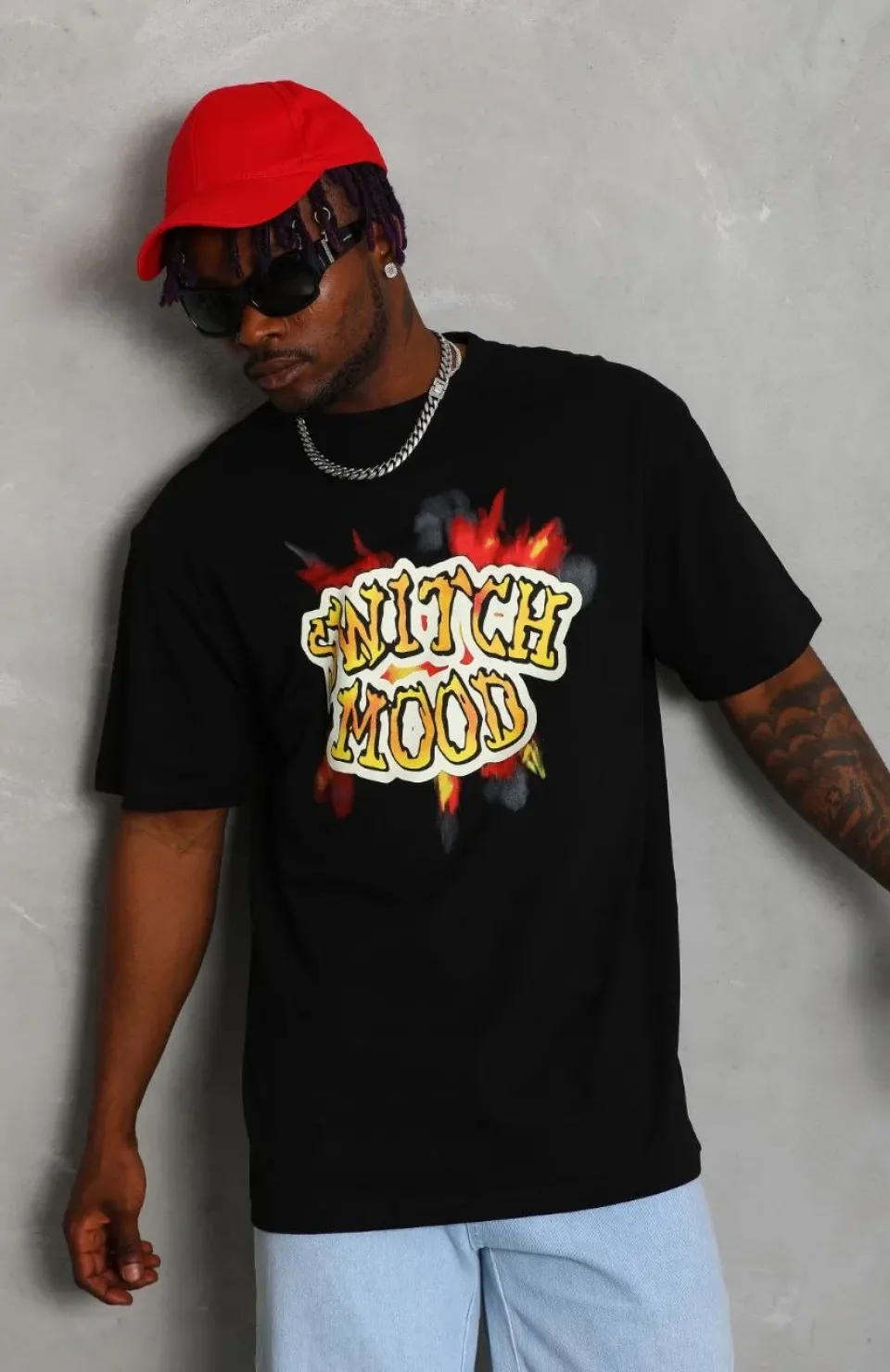 Unisex Oversize Baskılı Bisiklet Yaka T-Shirt - Siyah