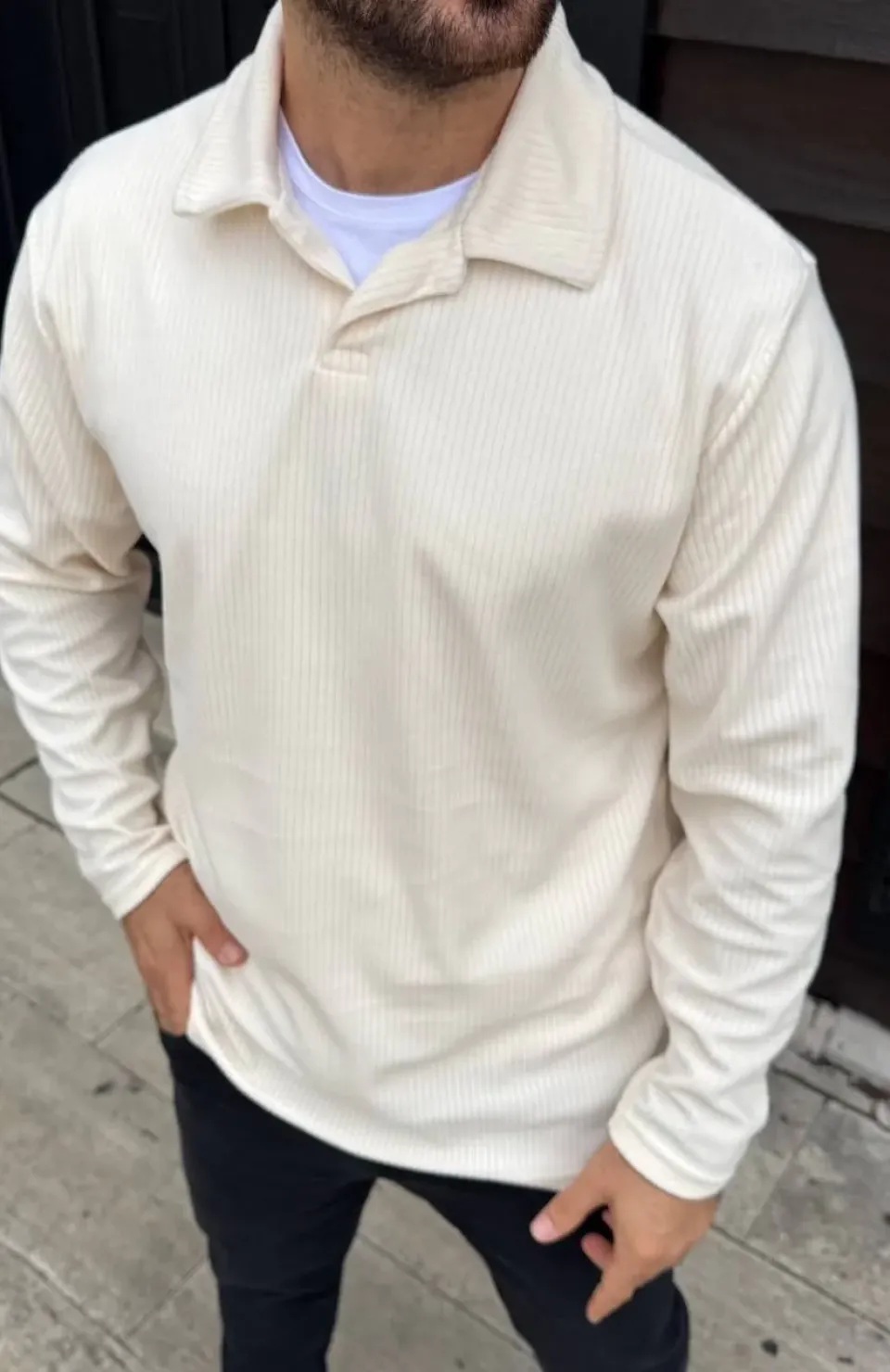 Erkek Fitilli Polar Sweatshirt – Düğmesiz Polo Yaka, Oversize Rahat Kalıp, Kalın Polar Kumaş, Kışlık ve Baharlık Şık Günlük Üst - Beyaz Somersan Giyim | Kadın, Erkek ve Çocuk Moda