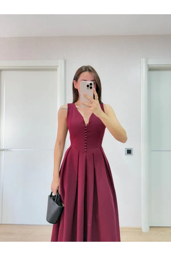 V yaka Krep Arka Ön Pens Detaylı Uzun Kolsuz Elbise - Bordo