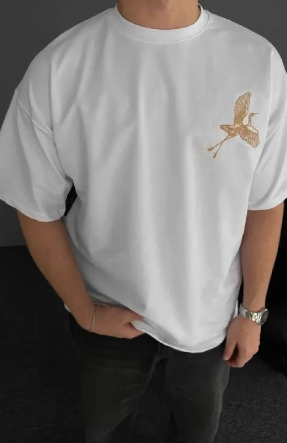 Ön ve Arka Baskılı Oversize Bisiklet Yaka T-shirt - Beyaz