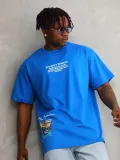 Unisex Bisiklet Yaka Baskılı Oversize T-Shirt - Mavi