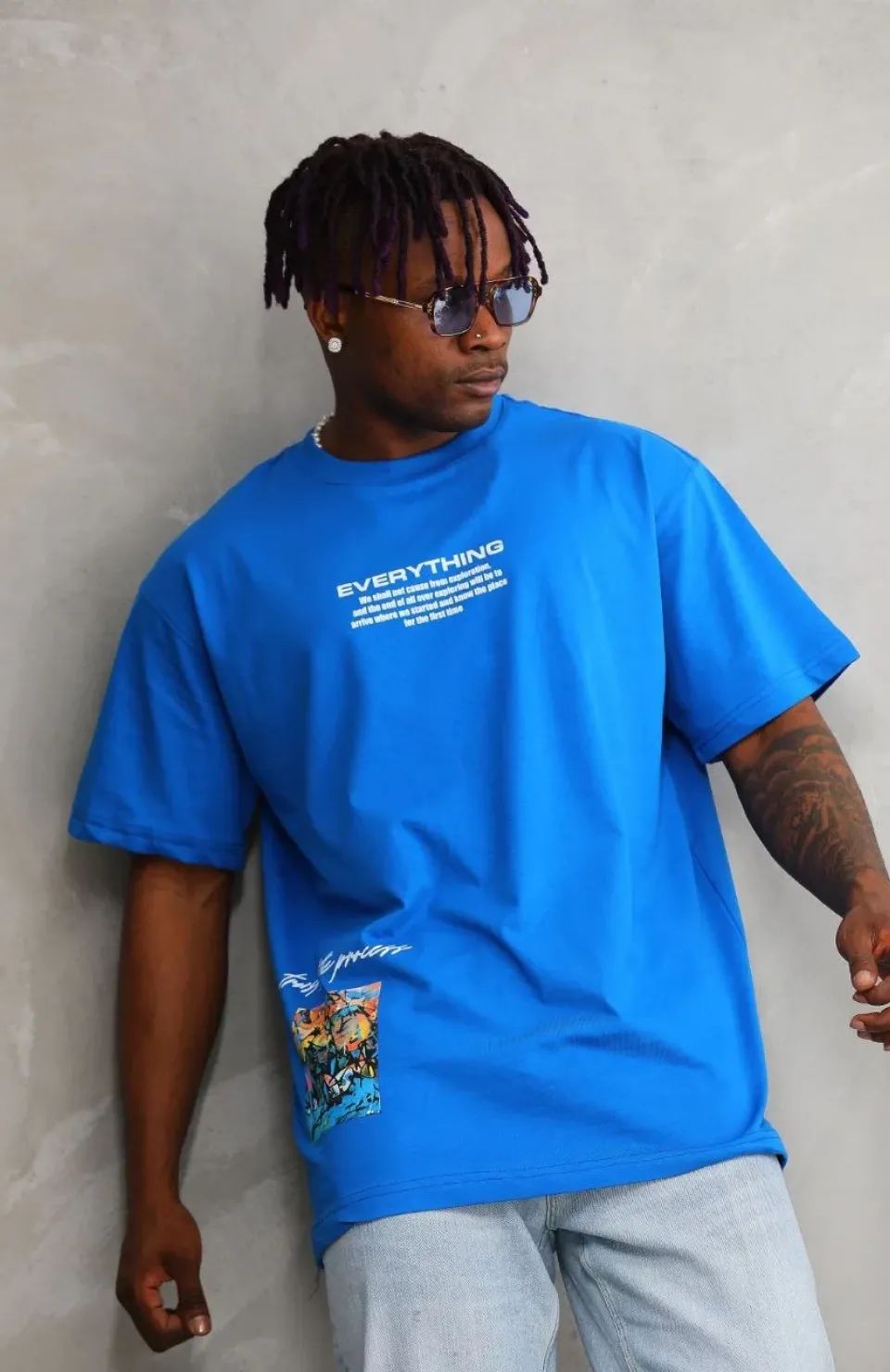 Unisex Bisiklet Yaka Baskılı Oversize T-Shirt - Mavi