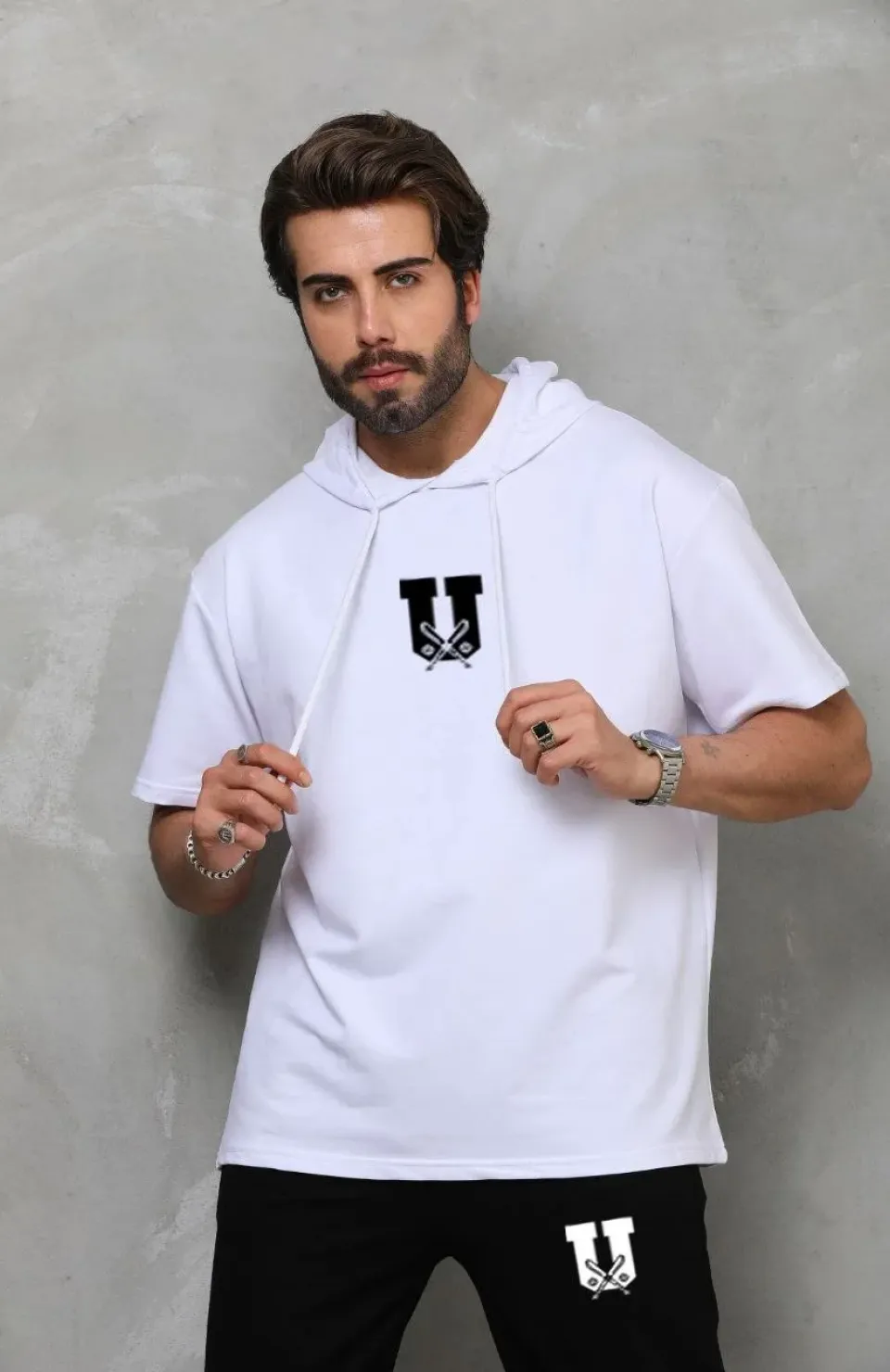Unisex Kapşonlu Oversize T-Shirt Takım - Beyaz