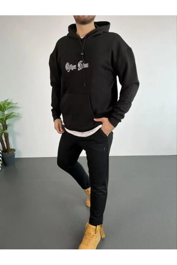 Erkek Kapşonlu Sweatshirt – Oversize Üç İplik Şardonlu Hoodie, “Other Lives” Ön & Arka Baskılı, Kanguru Cepli, Kışlık Rahat Günlük Stil - Siyah