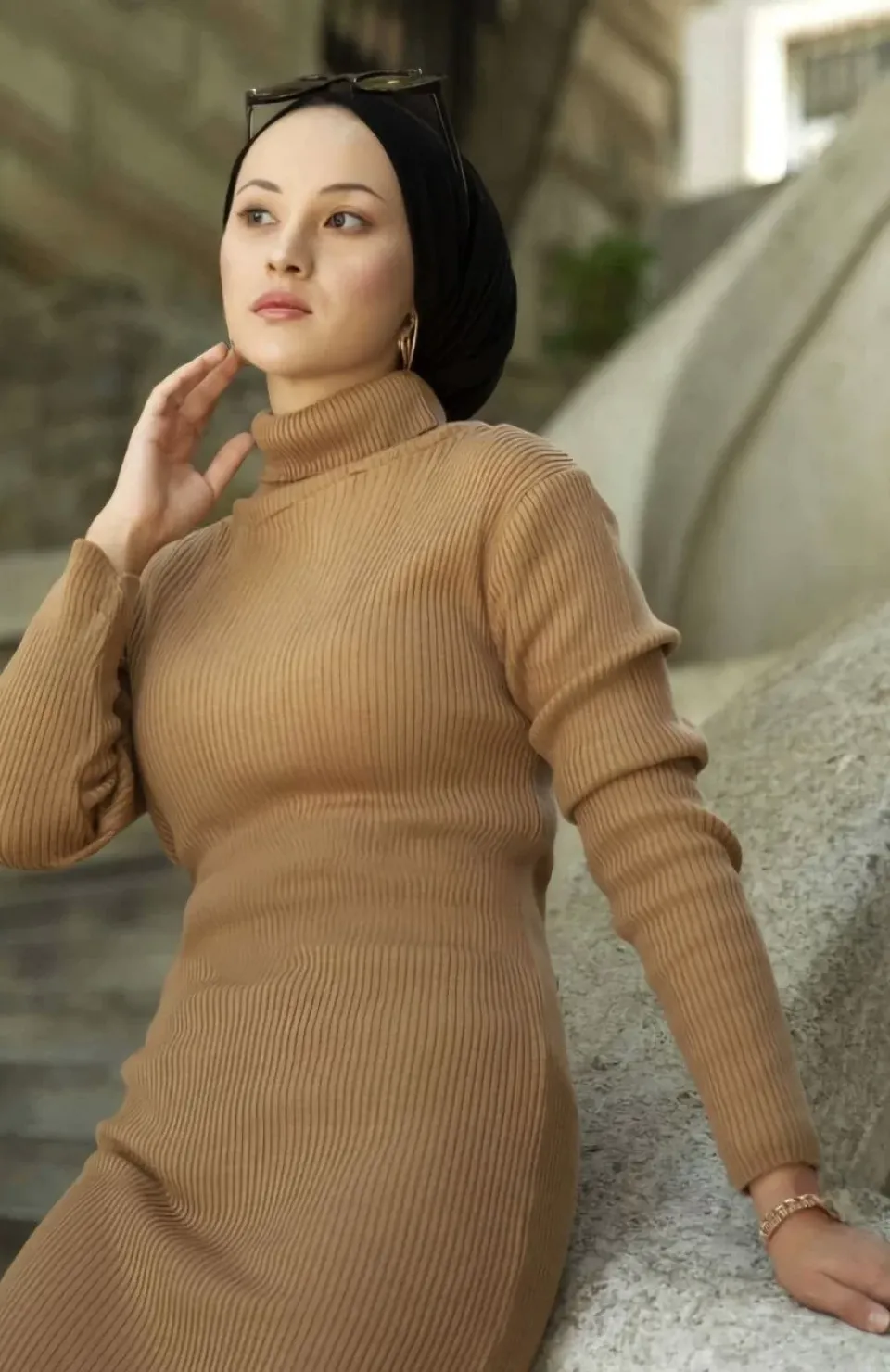 Kadın Boğazlı Uzun Fitilli Triko Dokuma Elbise - Kahverengi Somersan Giyim | Kadın, Erkek ve Çocuk Moda