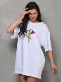 Unisex Bisiklet Yaka Baskılı Oversize T-Shirt - Beyaz