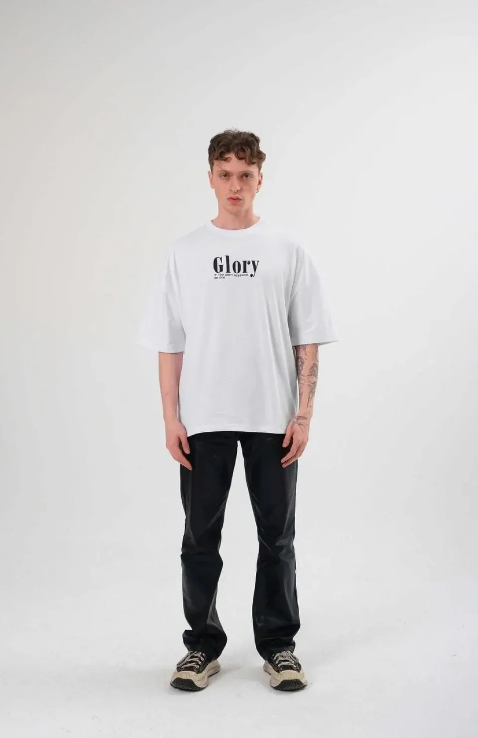 Unisex Bisiklet Yaka Baskılı Oversize T-Shirt - Siyah