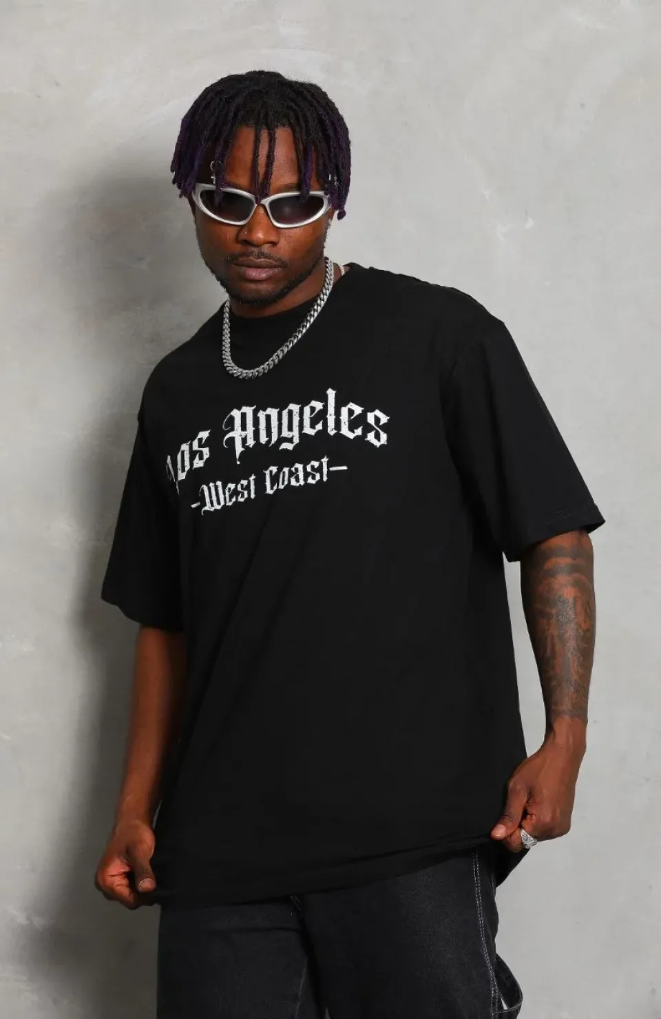 Unisex Oversize Baskılı Bisiklet Yaka T-Shirt - Siyah