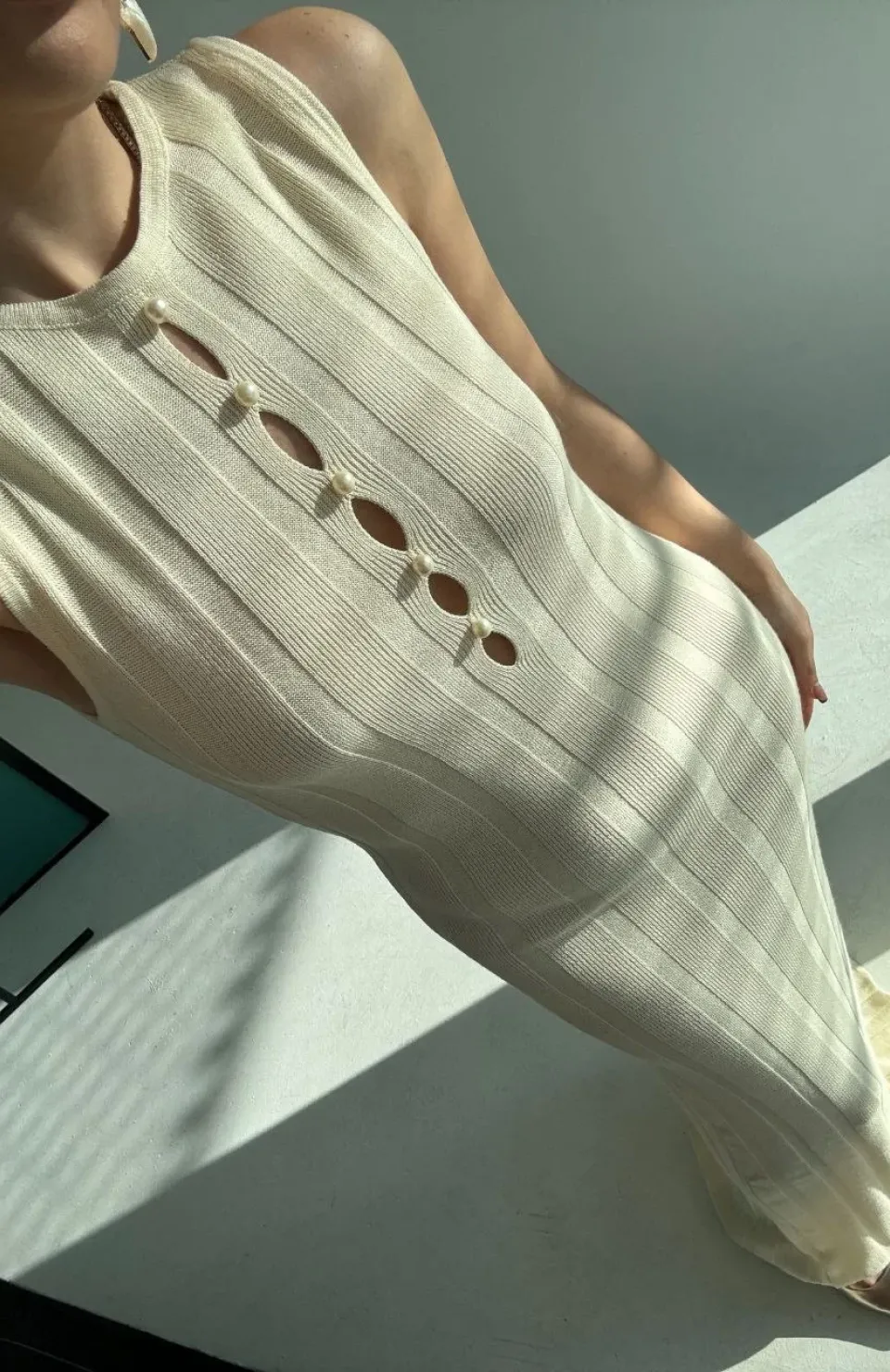 Kalın Fitilli Uzun Triko Elbise - Kırık Beyaz