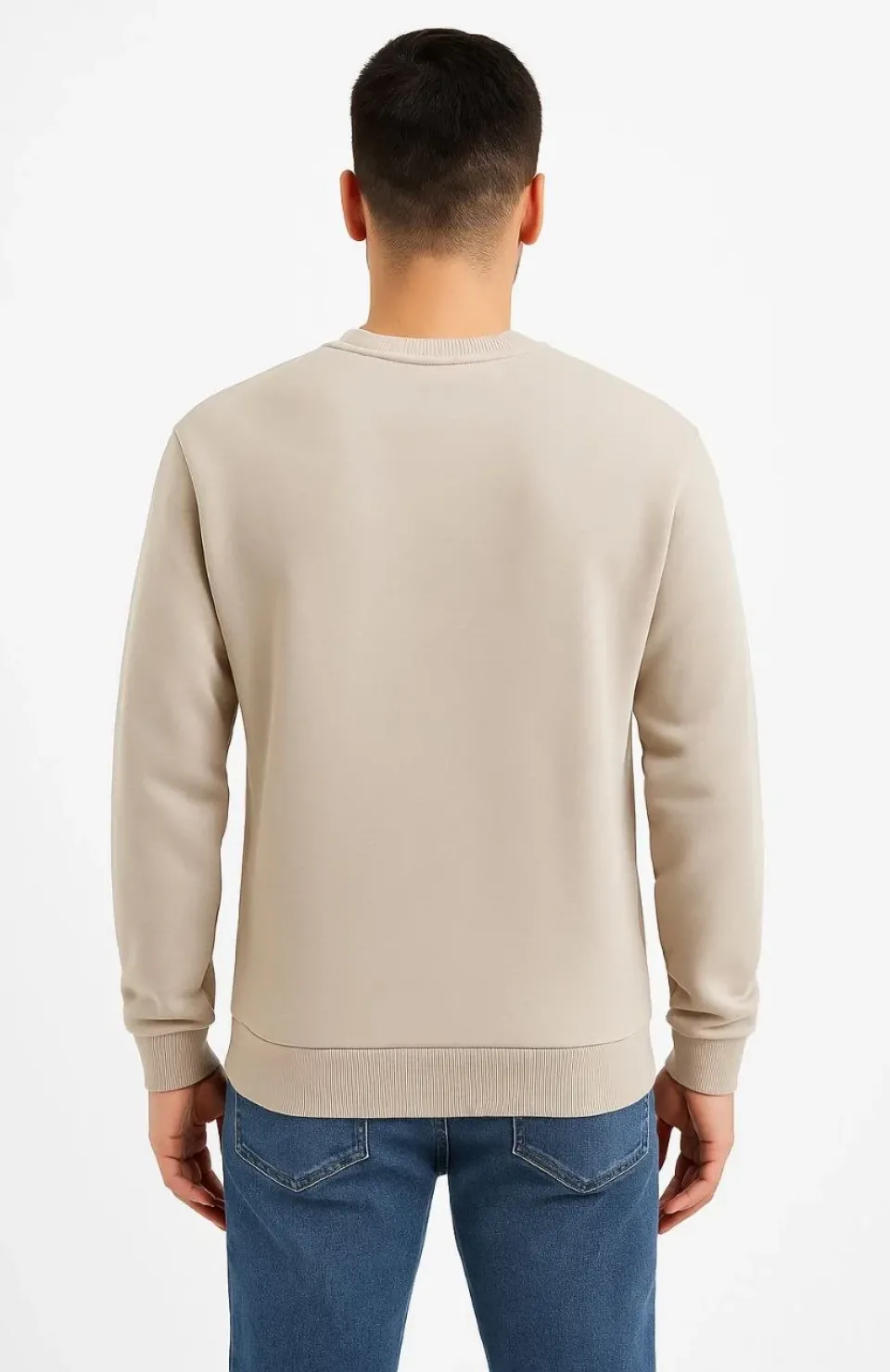 Erkek Üç İplik Düz Bisiklet Yaka SweatShirt - Bej