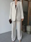 Keten Ceket Pantolon İlik Düğmeli Uzun Kollu Yırtmaçlı ikili Takım - Beyaz