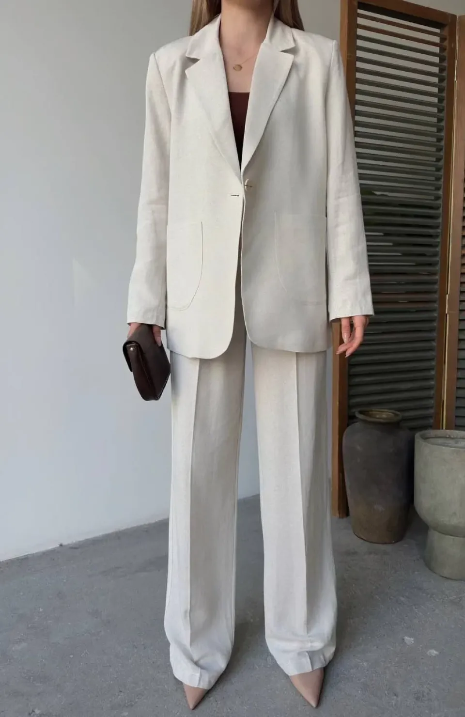 Keten Ceket Pantolon İlik Düğmeli Uzun Kollu Yırtmaçlı ikili Takım - Beyaz