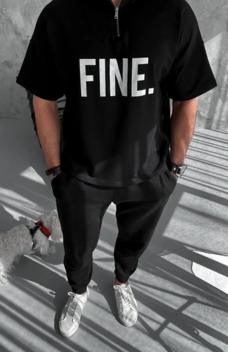 Unisex Baskılı Yarım Fermuarlı T-Shirt - Siyah