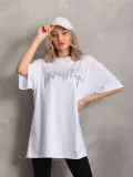 Unisex Taş Desenli Oversize T-Shirt - Beyaz